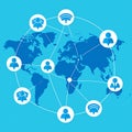 Blue world map with white user icons connected by dashed and solid lines, representing a global network. Royalty Free Stock Photo