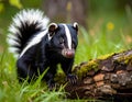 Striped American skunk in grass. The stripe striped hognosed skunk pet black white Royalty Free Stock Photo
