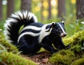 Striped American skunk in grass. The stripe striped hognosed skunk pet black white Royalty Free Stock Photo