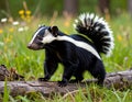 Striped American skunk in grass. The stripe striped hognosed skunk pet black white Royalty Free Stock Photo