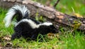 Striped American skunk in grass. The stripe striped hognosed skunk pet black white Royalty Free Stock Photo