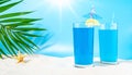 Blue Summer Juice. A summer concept with waves, palms and sunshine Royalty Free Stock Photo