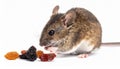 Pet Mouse Rodent Animal. A brown pet mouse eating a raisin isolated on white Royalty Free Stock Photo