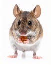 Pet Mouse Rodent Animal. A brown pet mouse eating a raisin isolated on white Royalty Free Stock Photo