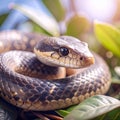 Snake in the bushes. Poisonous snake in in green plants. Royalty Free Stock Photo