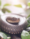Snake in the bushes. Poisonous snake in in green plants. Royalty Free Stock Photo
