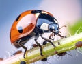 Ladybug eating aphids. Macro of ladybug (Adalia bipunctata) eating aphids on stem Royalty Free Stock Photo