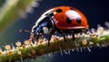 Ladybug eating aphids. Macro of ladybug (Adalia bipunctata) eating aphids on stem Royalty Free Stock Photo