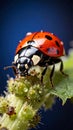 Ladybug eating aphids. Macro of ladybug (Adalia bipunctata) eating aphids on stem Royalty Free Stock Photo