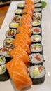 Closeup of platter with sushi menu assorted on the table restaurant - sushi rolls on plate Royalty Free Stock Photo