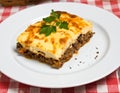 Moussaka as closeup on a white plate Royalty Free Stock Photo