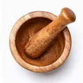 Wooden mortar and pestle set on a white background. Royalty Free Stock Photo