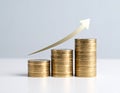 Stack of gold coins with arrow reaching higher Royalty Free Stock Photo