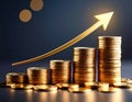 Stack of gold coins with arrow reaching higher Royalty Free Stock Photo