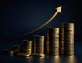 Stack of gold coins with arrow reaching higher Royalty Free Stock Photo