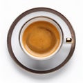 A white porcelain cup filled with espresso rests on a matching saucer, viewed from above. Royalty Free Stock Photo