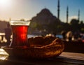 Traditional Turkish Sesame Bagel (Simit) and Turkish Tea Royalty Free Stock Photo
