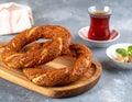 Traditional Turkish Sesame Bagel (Simit) and Turkish Tea Royalty Free Stock Photo
