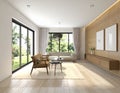 Trendy japandi interior, contemporary design and minimal. Wood floor combine tiles. Royalty Free Stock Photo