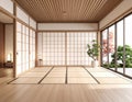 Trendy japandi interior, contemporary design and minimal. Wood floor combine tiles. Royalty Free Stock Photo