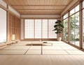 Trendy japandi interior, contemporary design and minimal. Wood floor combine tiles. Royalty Free Stock Photo