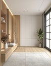 Trendy japandi interior, contemporary design and minimal. Wood floor combine tiles. Royalty Free Stock Photo