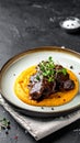 Tender braised beef cheeks served atop smooth pumpkin puree, garnished with microgree Royalty Free Stock Photo