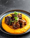 Tender braised beef cheeks served atop smooth pumpkin puree, garnished with microgree Royalty Free Stock Photo