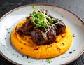 Tender braised beef cheeks served atop smooth pumpkin puree, garnished with microgree Royalty Free Stock Photo