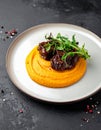 Tender braised beef cheeks served atop smooth pumpkin puree, garnished with microgree Royalty Free Stock Photo