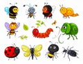 Cute bugs and insects cartoon characters, bumblebee, ladybug, ant, caterpillar, snail Royalty Free Stock Photo