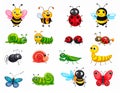 Cute bugs and insects cartoon characters, bumblebee, ladybug, ant, caterpillar, snail Royalty Free Stock Photo