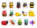 Cute bugs and insects cartoon characters, bumblebee, ladybug, ant, caterpillar, snail Royalty Free Stock Photo