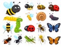 Cute bugs and insects cartoon characters, bumblebee, ladybug, ant, caterpillar, snail Royalty Free Stock Photo