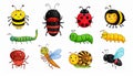 Cute bugs and insects cartoon characters, bumblebee, ladybug, ant, caterpillar, snail Royalty Free Stock Photo