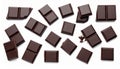 Pieces of delicious dark chocolate isolated on white Royalty Free Stock Photo