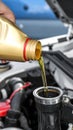 Man pouring motor oil into car engine, closeup Royalty Free Stock Photo