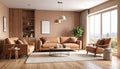 Stylish interior in mocha mousse shade. Different furniture and decor indoors. Royalty Free Stock Photo