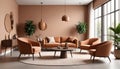 Stylish interior in mocha mousse shade. Different furniture and decor indoors. Royalty Free Stock Photo