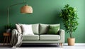 Stylish sofa with pillow, houseplant and lamp near green wall indoors Royalty Free Stock Photo