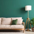 Stylish sofa with pillow, houseplant and lamp near green wall indoors Royalty Free Stock Photo