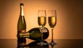 Brown background with blurry light on glasses of champagne and bottle on mirror surfa Royalty Free Stock Photo