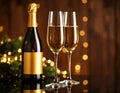 Brown background with blurry light on glasses of champagne and bottle on mirror surfa Royalty Free Stock Photo