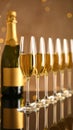 Brown background with blurry light on glasses of champagne and bottle on mirror surfa Royalty Free Stock Photo