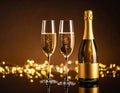 Brown background with blurry light on glasses of champagne and bottle on mirror surfa Royalty Free Stock Photo
