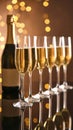 Brown background with blurry light on glasses of champagne and bottle on mirror surfa Royalty Free Stock Photo