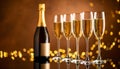 Brown background with blurry light on glasses of champagne and bottle on mirror surfa Royalty Free Stock Photo