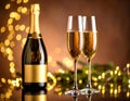 Brown background with blurry light on glasses of champagne and bottle on mirror surfa Royalty Free Stock Photo