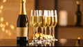 Brown background with blurry light on glasses of champagne and bottle on mirror surfa Royalty Free Stock Photo