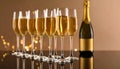 Brown background with blurry light on glasses of champagne and bottle on mirror surfa Royalty Free Stock Photo